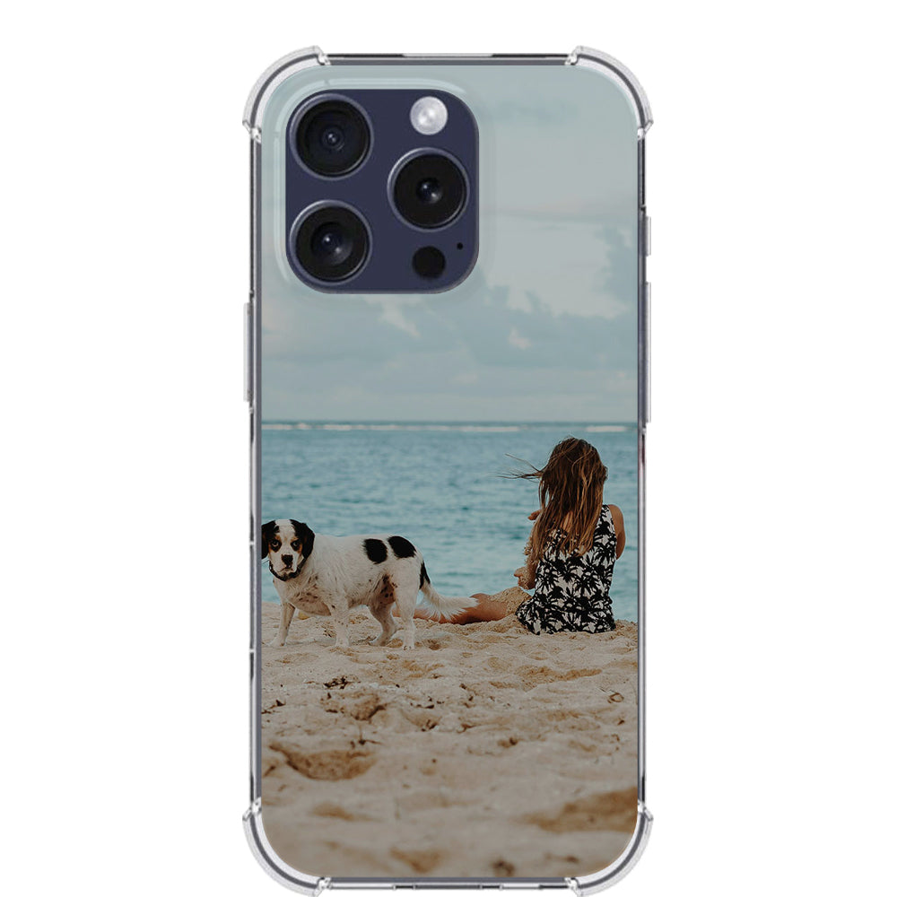 Anti-Shock Back Cover Hoesje Maken iPhone 16 Pro Max met strand en hond afbeelding.