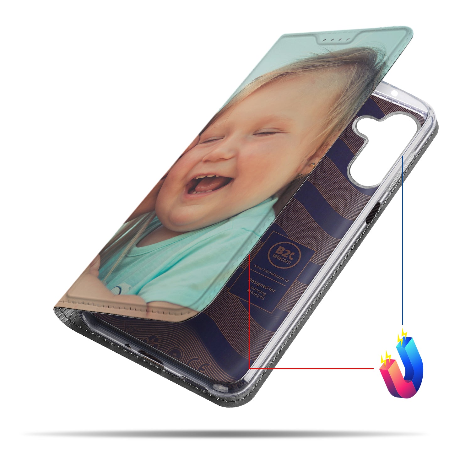 Stand Case Hoesje Maken Samsung Galaxy A16 met foto van lachend kind op de voorkant.