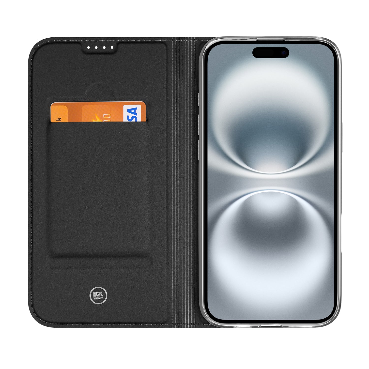 Stand Case Hoesje Maken iPhone 16 met kaartenvak en iPhone 16 aan de binnenzijde.