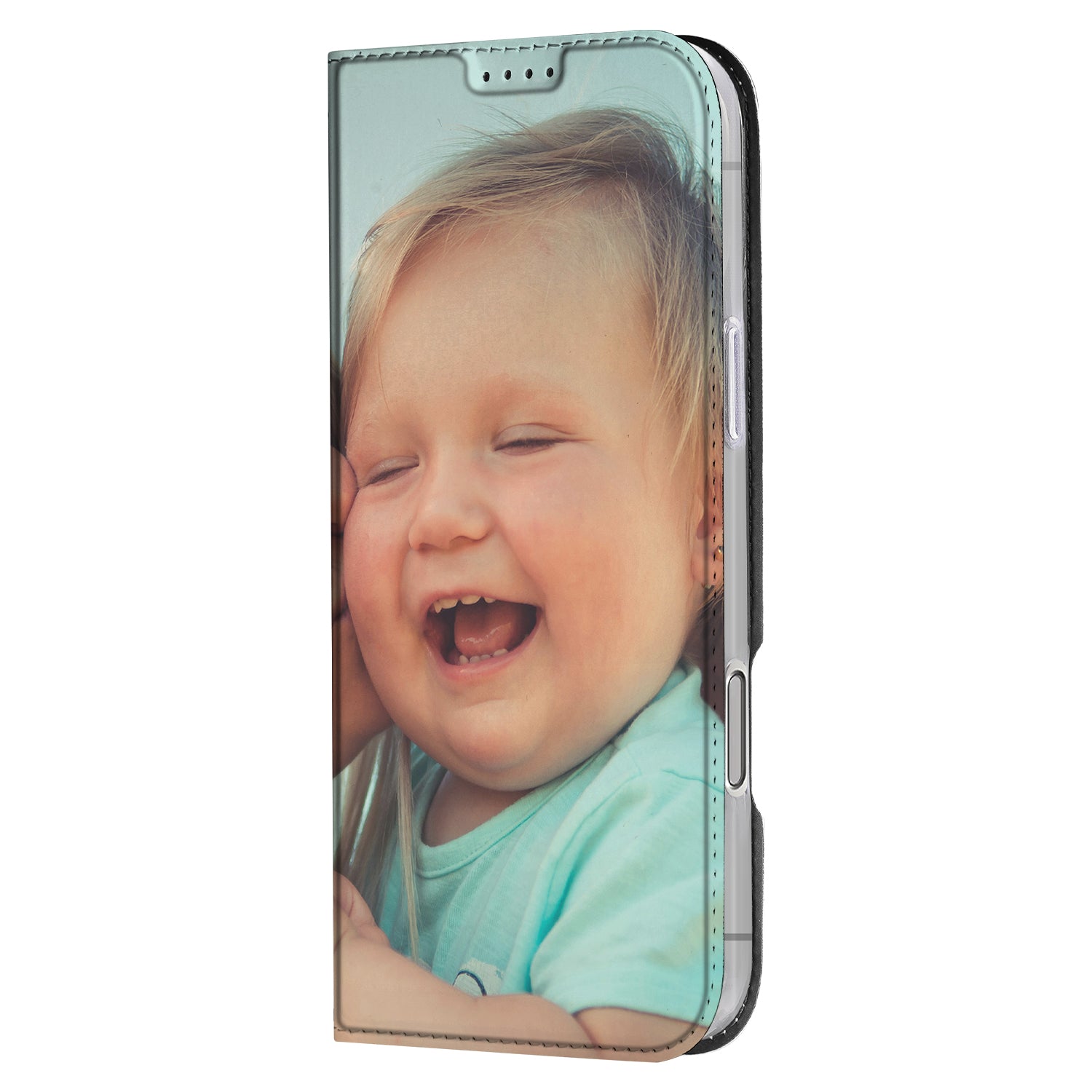 Stand Case Hoesje Maken voor de iPhone 16 Pro met een lachend kind op de voorkant.
