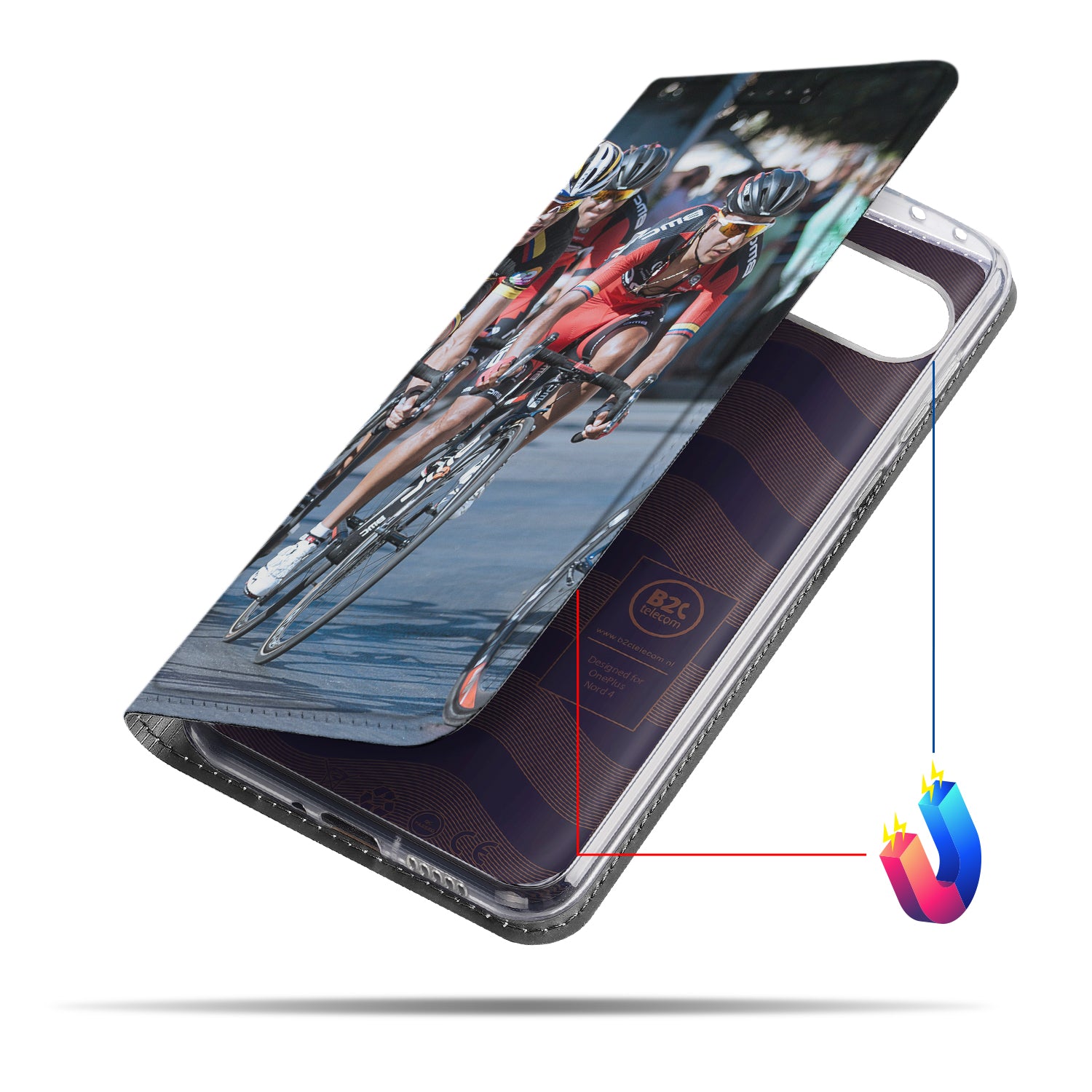 Book Case Hoesje Maken OnePlus Nord 4 met een afbeelding van wielrenners in actie.