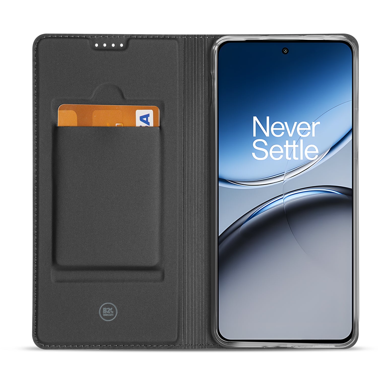 Book Case Hoesje Maken OnePlus Nord 4 met ruimte voor pasjes en een telefoon met een helder display.