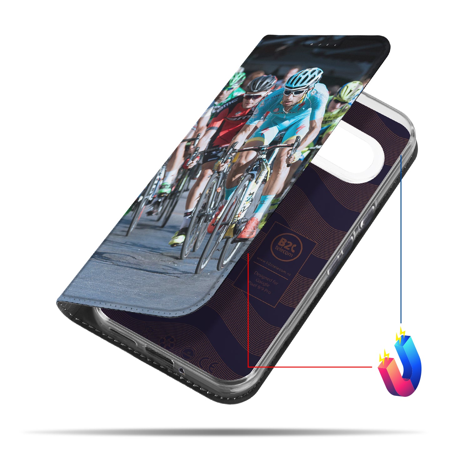 Stand Case Hoesje Maken Google Pixel 9 | 9 Pro met unieke fietsen afbeelding en B2C Telecom logo