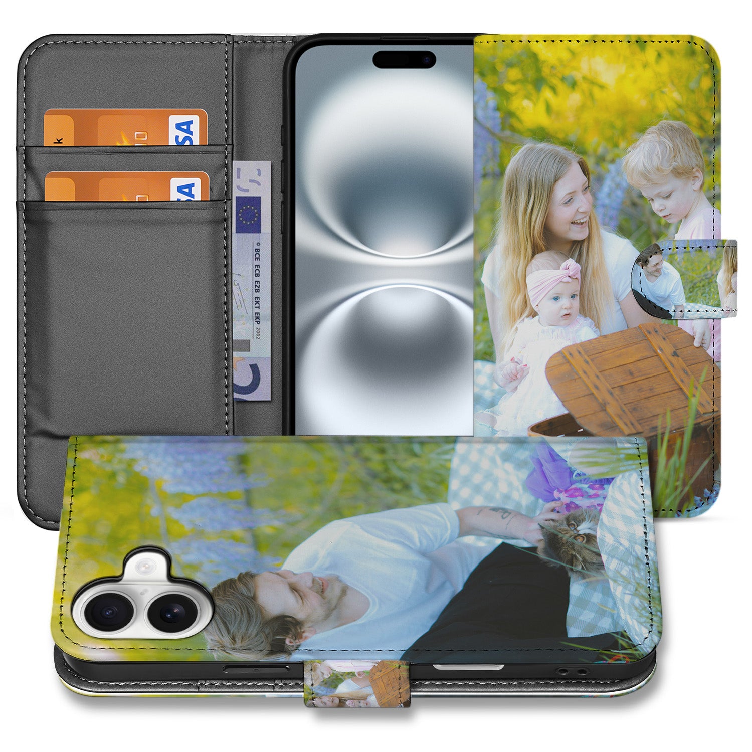 Book Case Hoesje Maken iPhone 16 Plus met gepersonaliseerde foto's en ruimte voor pasjes.