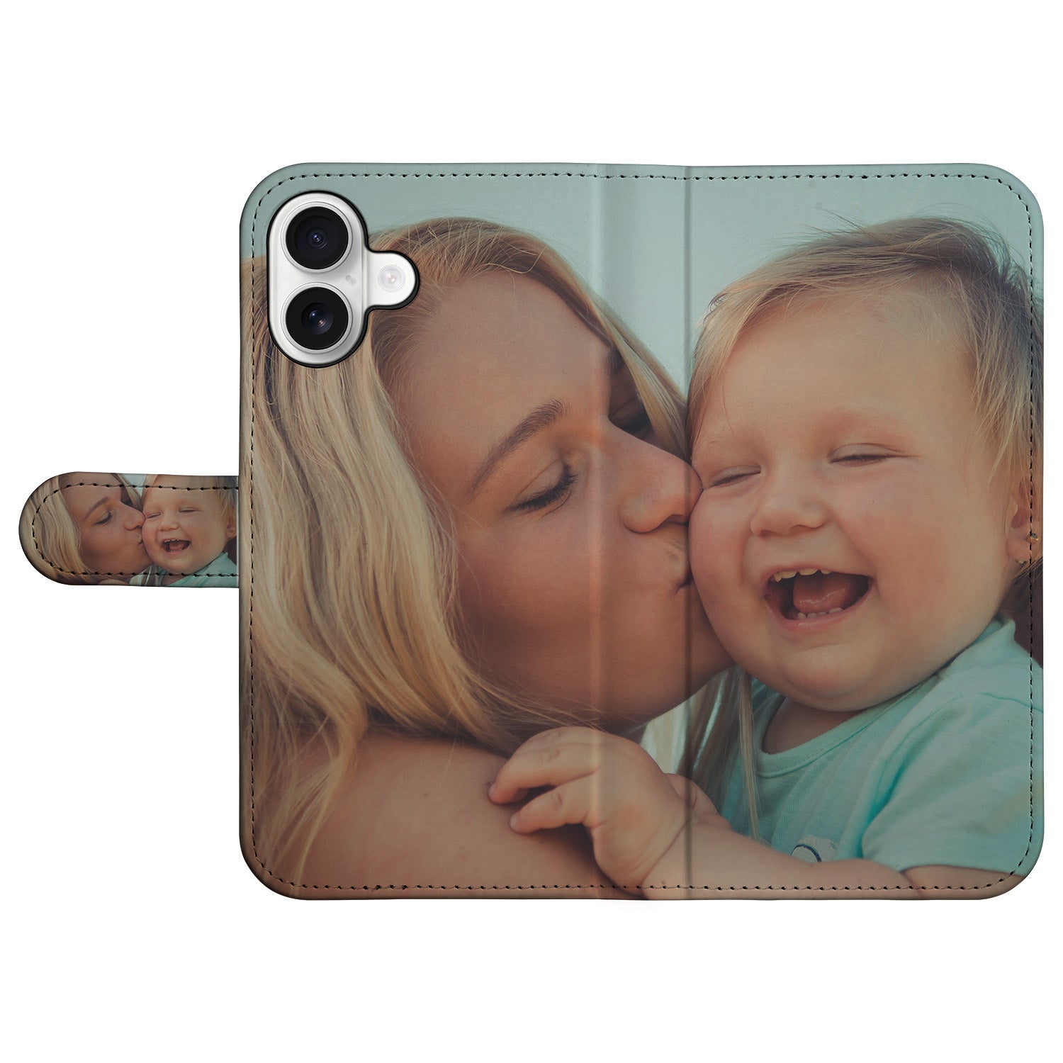 Book Case Hoesje Maken iPhone 16 met een gelukkige moeder en haar lachende baby.