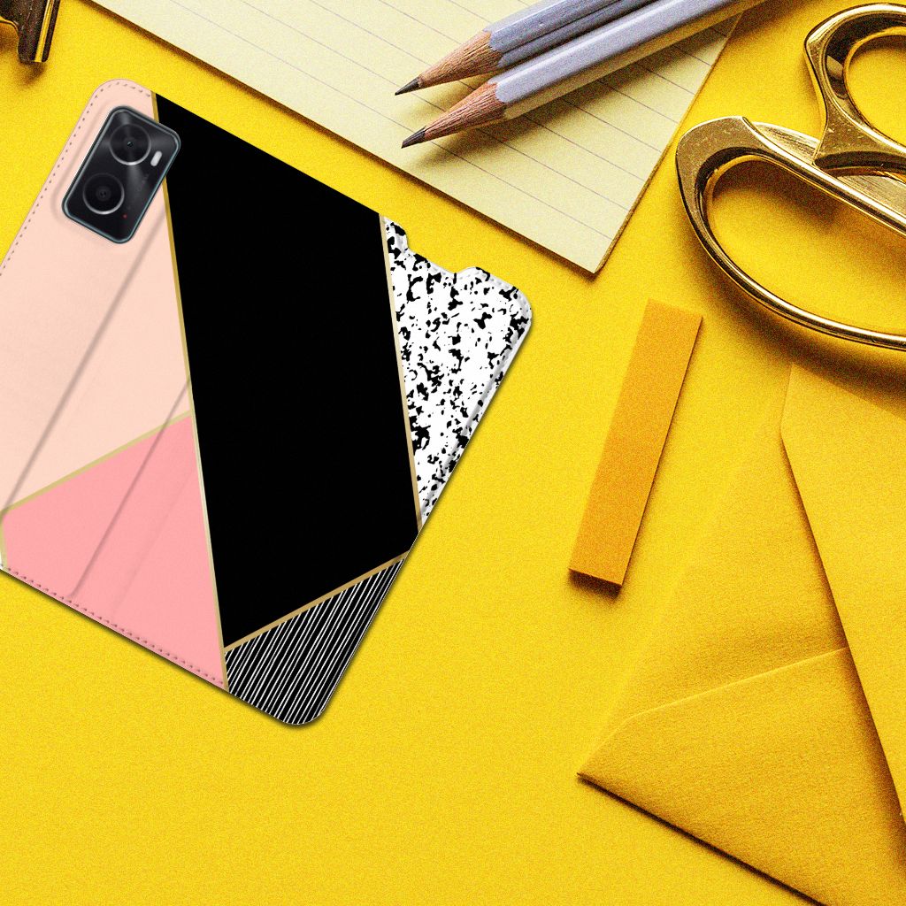 OPPO A96 | A76 Stand Case Zwart Roze Vormen - B2C Telecom