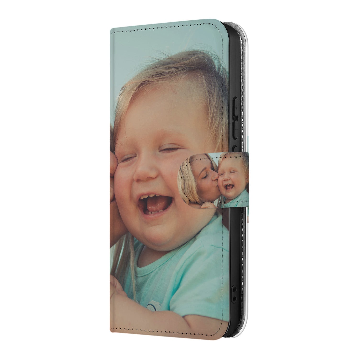 Book Case Hoesje Maken OnePlus Nord 4 met foto van een lachend kind op de voorkant.