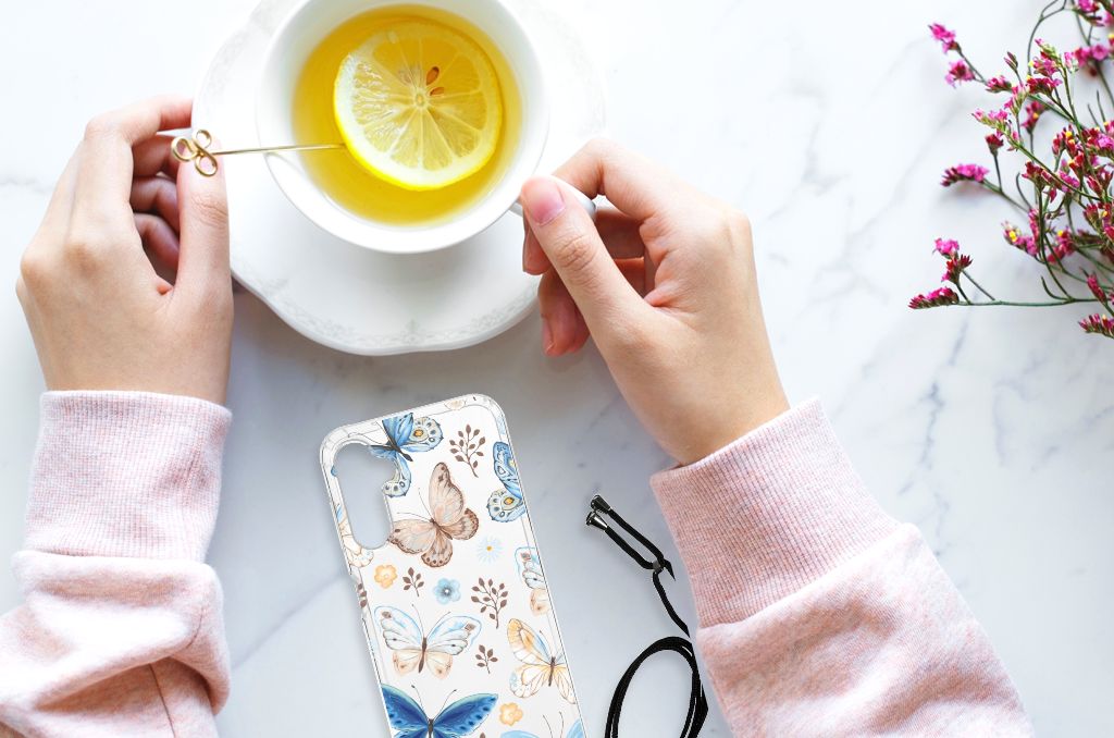 Case Anti-shock voor Samsung Galaxy A14 5G Vlinder met vrolijke vlinderprint en een kopje thee.