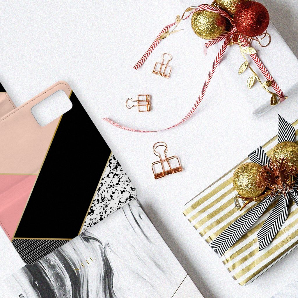 Huawei P40 Pro Book Case Zwart Roze Vormen