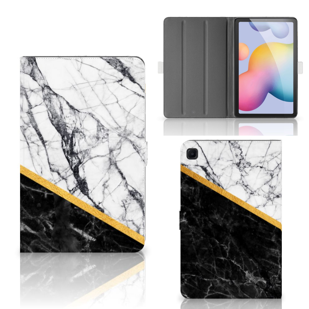 Samsung Galaxy Tab S6 Lite hoesje marmer in zwart en wit met gouden accent, stijlvolle tablet case met standaard.