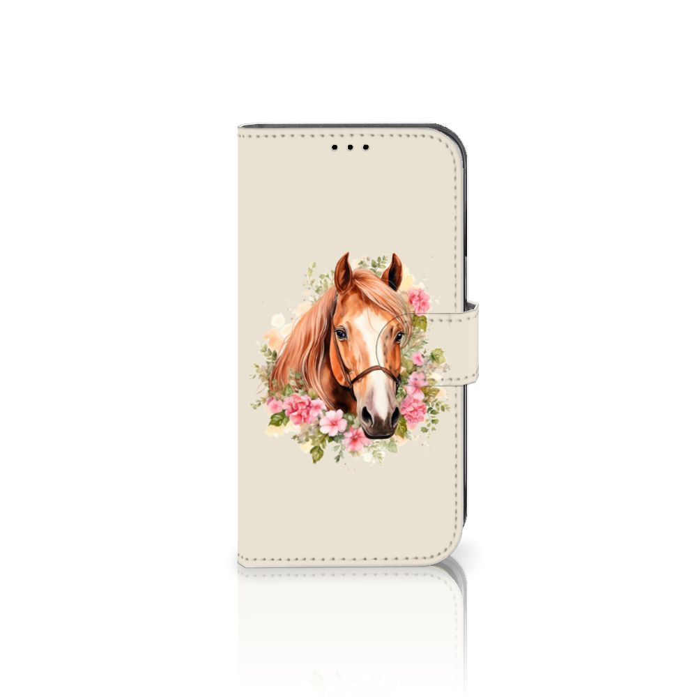 Telefoonhoesje met Pasjes voor Apple iPhone 14 Paard met een schattig paard-design omringd door bloemen.
