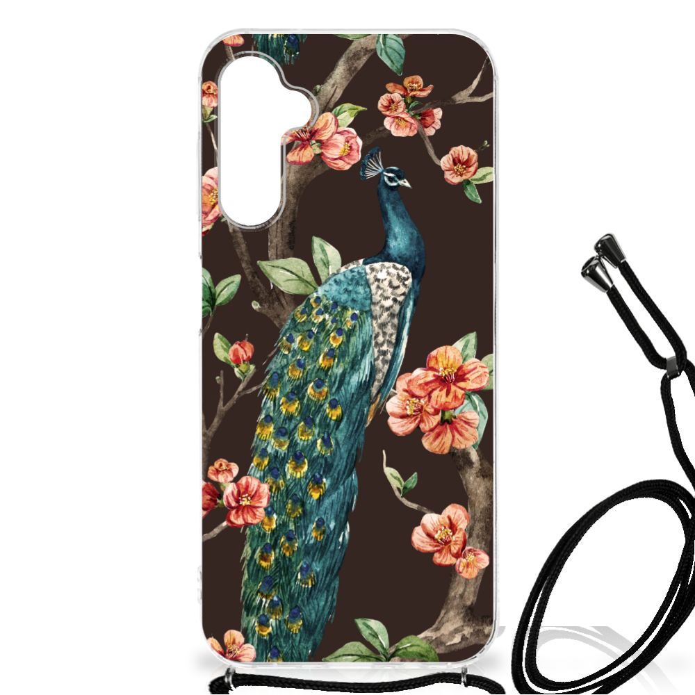 Samsung Galaxy A14 5G Case Anti-shock Pauw met Bloemen design with peacock and flowers.