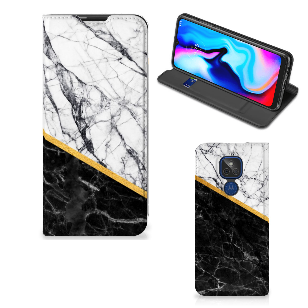 Motorola Moto G9 Play Standcase Marmer Wit Zwart - Origineel Cadeau Man - B2C Telecom
