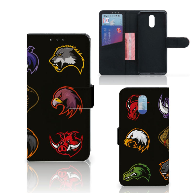 Nokia 2.3 Leuk Hoesje Cartoon met kleurrijke dierenlogo's op een zwart ontwerp.