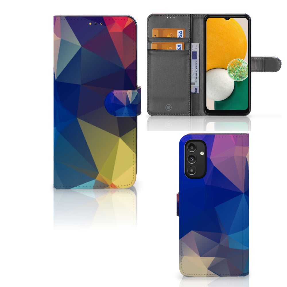 Samsung Galaxy A14 5G Book Case Polygon Dark with colorful geometric design and card slots.