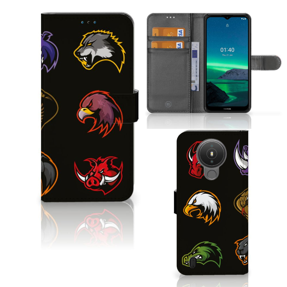 Nokia 1.4 Leuk Hoesje Cartoon met kleurrijke dierenlogo's op zwart design achtergrond