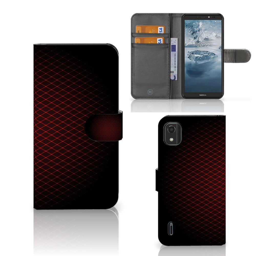 Nokia C2 2nd Edition Telefoon Hoesje Geruit Rood met ruimte voor 3 pasjes en minimalistisch ontwerp.