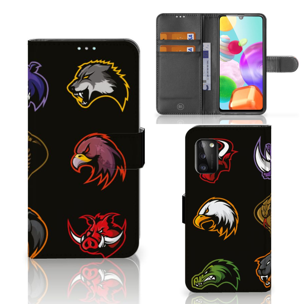Samsung Galaxy A41 Leuk Hoesje Cartoon met kleurrijke dierenprints op zwarte achtergrond.