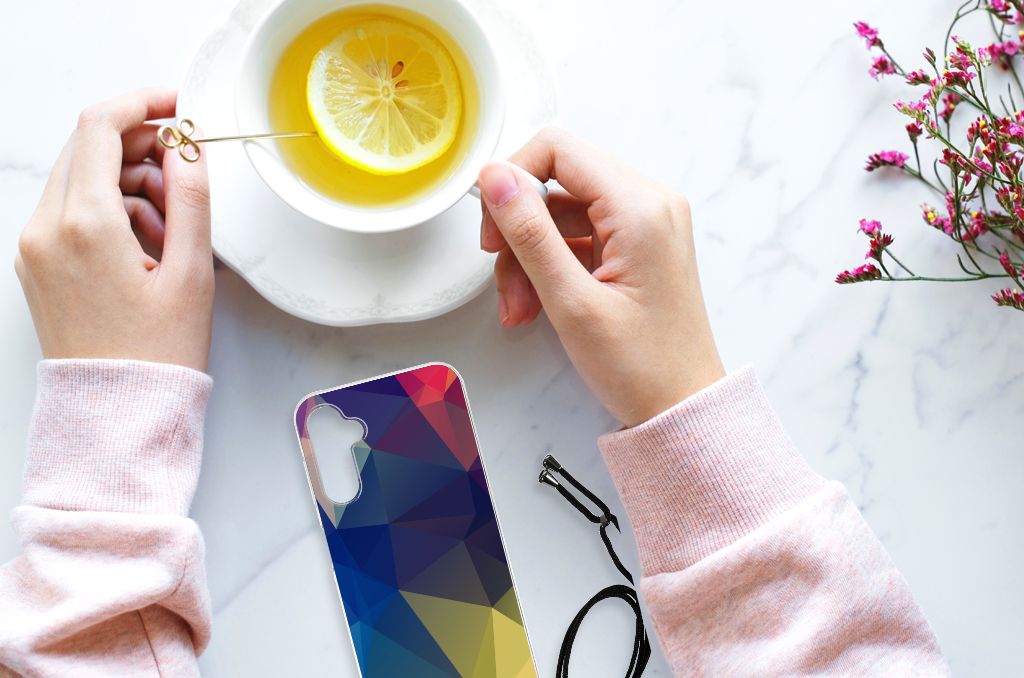 Samsung Galaxy A14 5G Shockproof Case Polygon Dark design shown with a cup of tea and a slice of lemon.