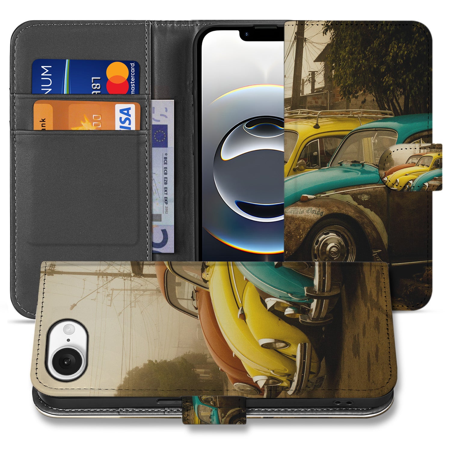 Book Case Hoesje Ontwerpen – Apple iPhone 16e met kleurrijk retro auto design en betaalkaarten in de hoes.