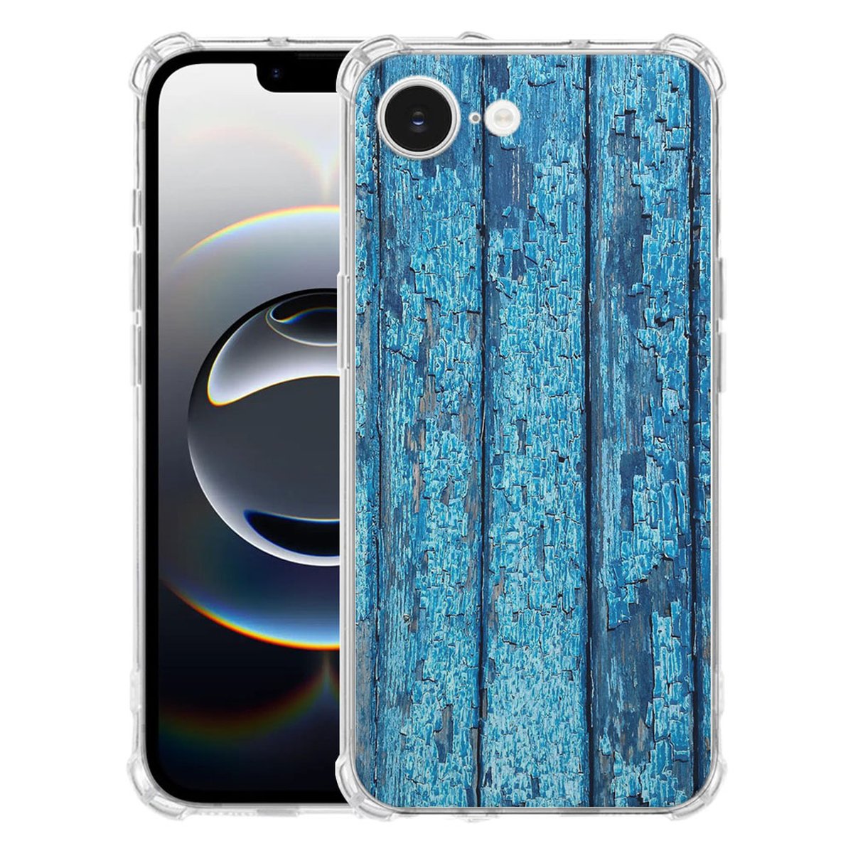 Apple iPhone 16e Hoesje - Wood Blue TPU Antishock met een blauw houten design en transparante randen.