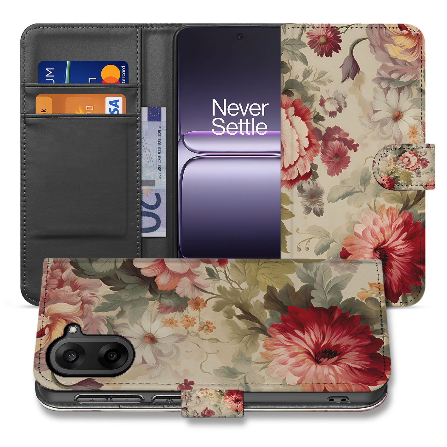 OnePlus Nord CE 5 Bookcase Hoesje met Bloemenprint en Pasjes uitzicht voorkant