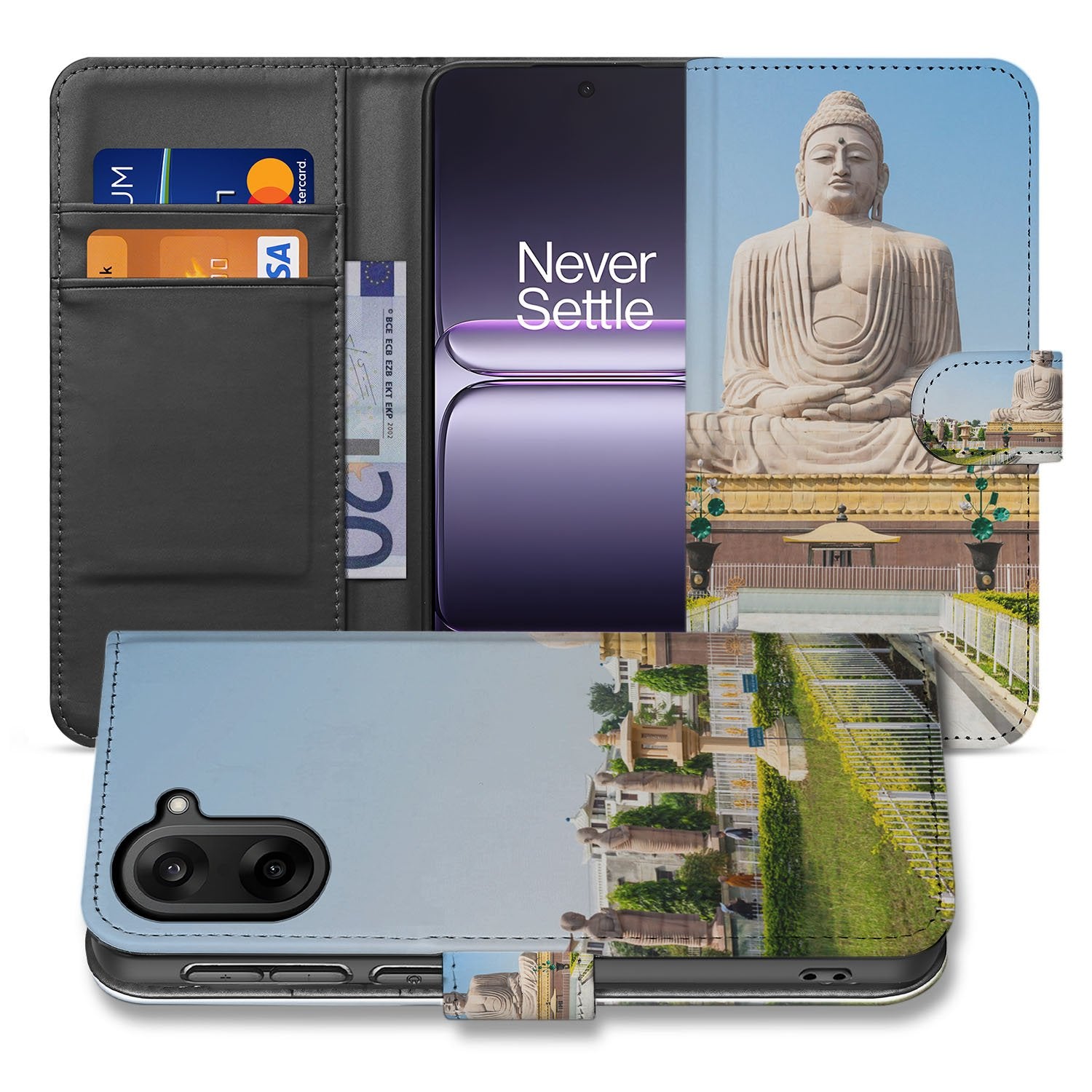 OnePlus Nord CE 5 Stijlvol Boeddha Goud Blauw Luxe Bookcase Hoesje voorkant