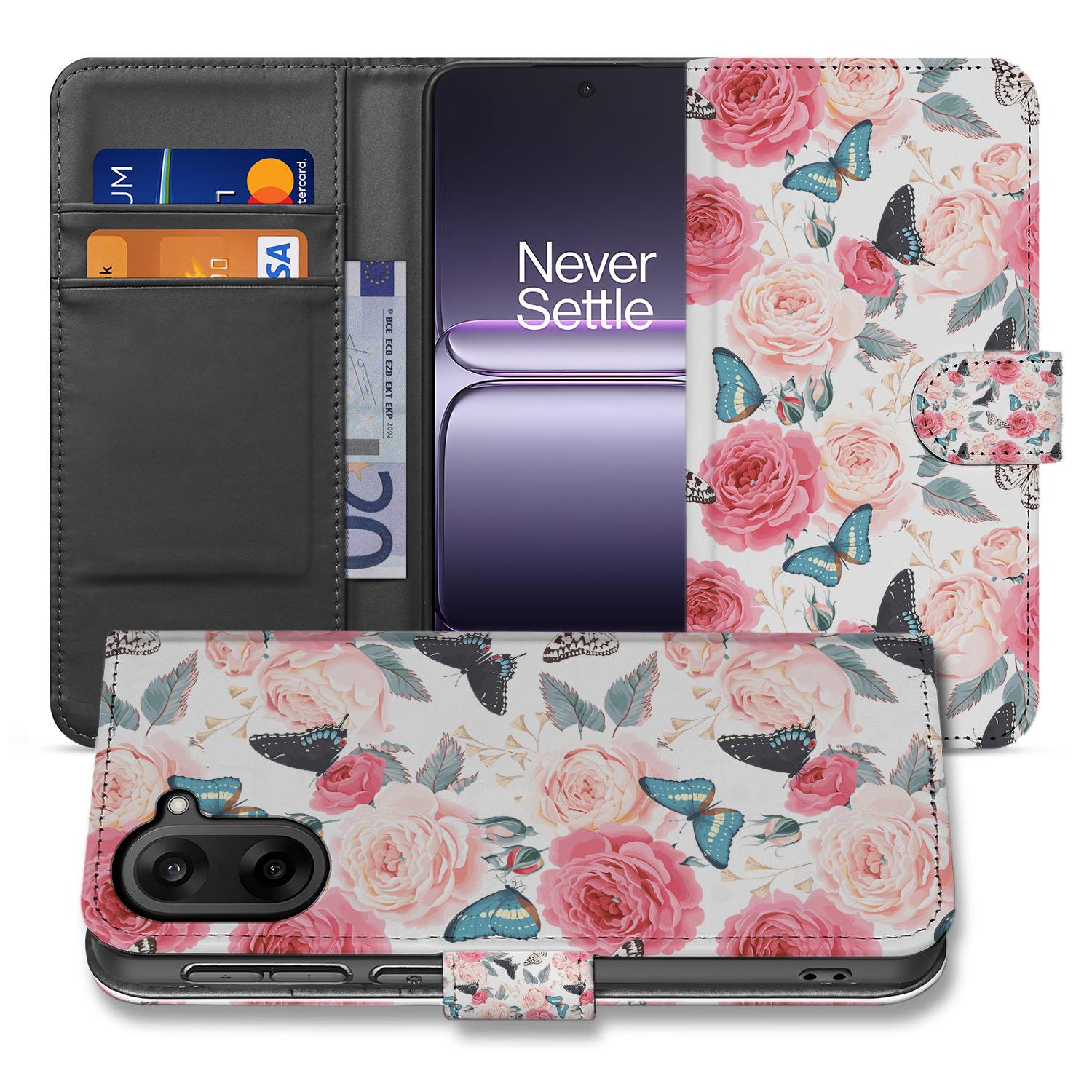 OnePlus Nord CE 5 Book Case Hoesje met Roze Butterfly Roses Design vooraanzicht
