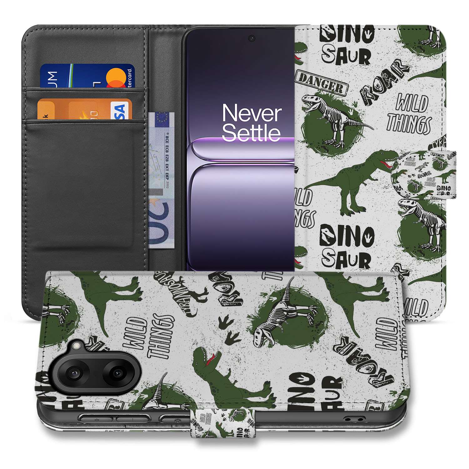 OnePlus Nord CE 5 Bookcase Hoesje met Dinosaurus Print en PU Leer voorkant en binnenkant