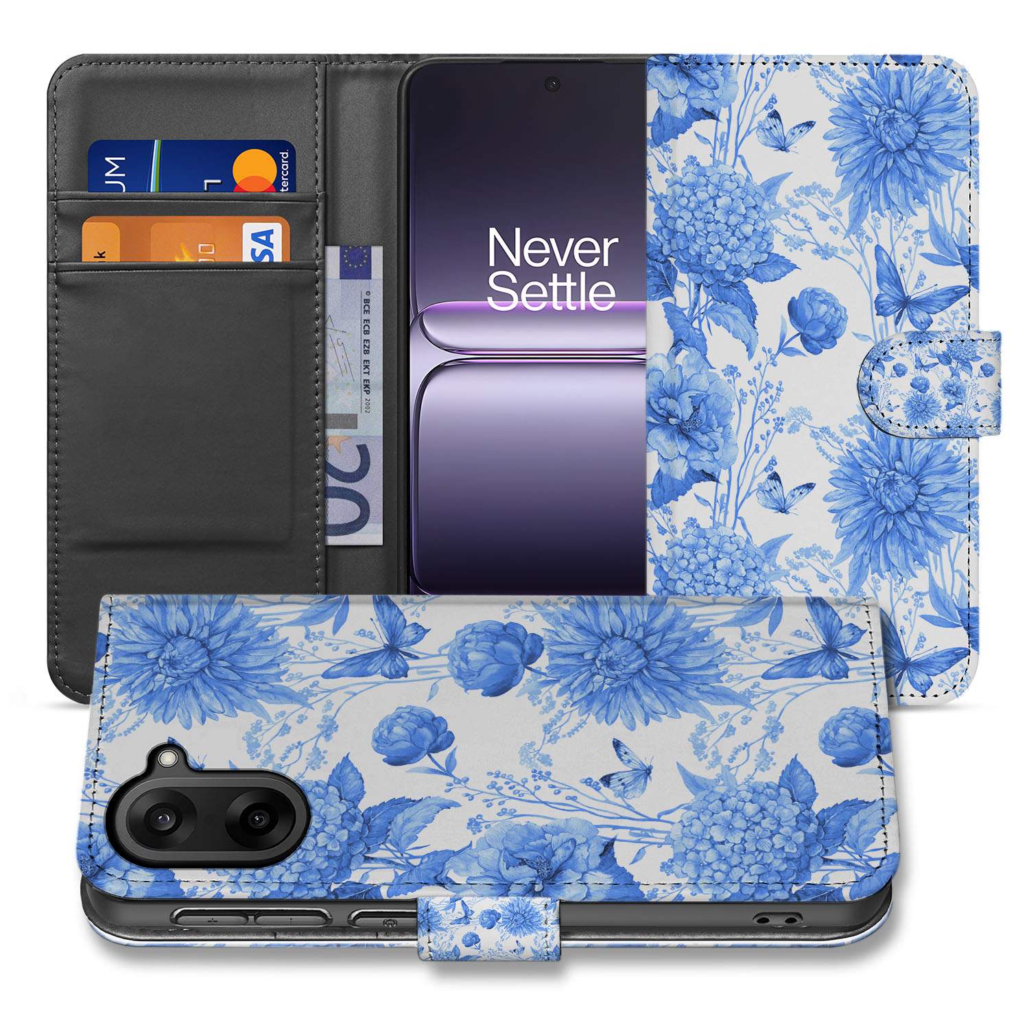 OnePlus Nord CE 5 Blauw Bloemen Hoesje Voor OnePlus Nord CE 5 Bookcase Hoesje PU-Leer Vooraanzicht