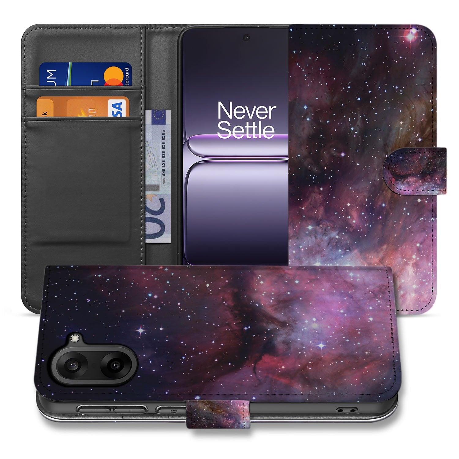 Heelal Design Bookcase Hoesje voor OnePlus Nord CE 5 in PU Leer Grijs Kaartvakken aanzicht