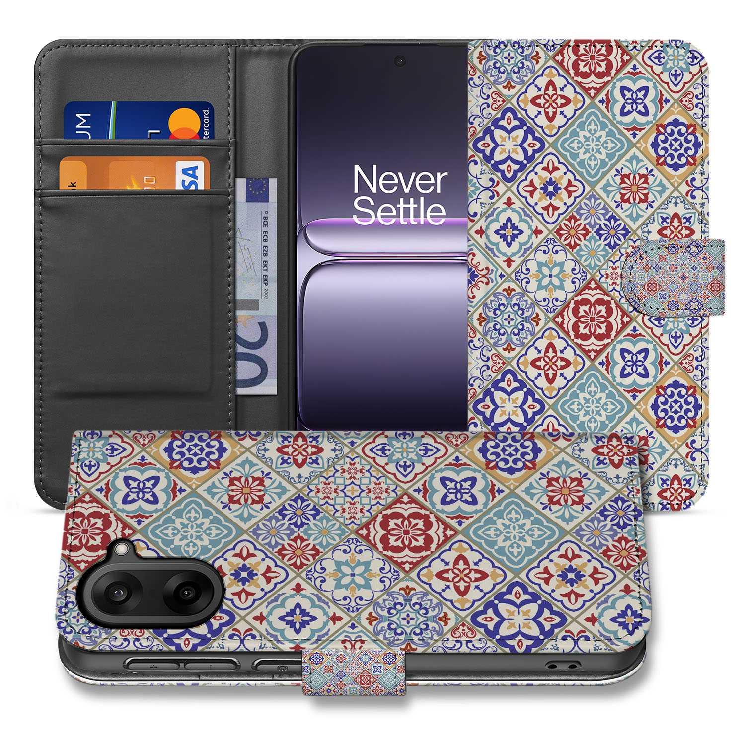 OnePlus Nord CE 5 Tegelpatroon Book Case kleurig tegelmotief aanzicht