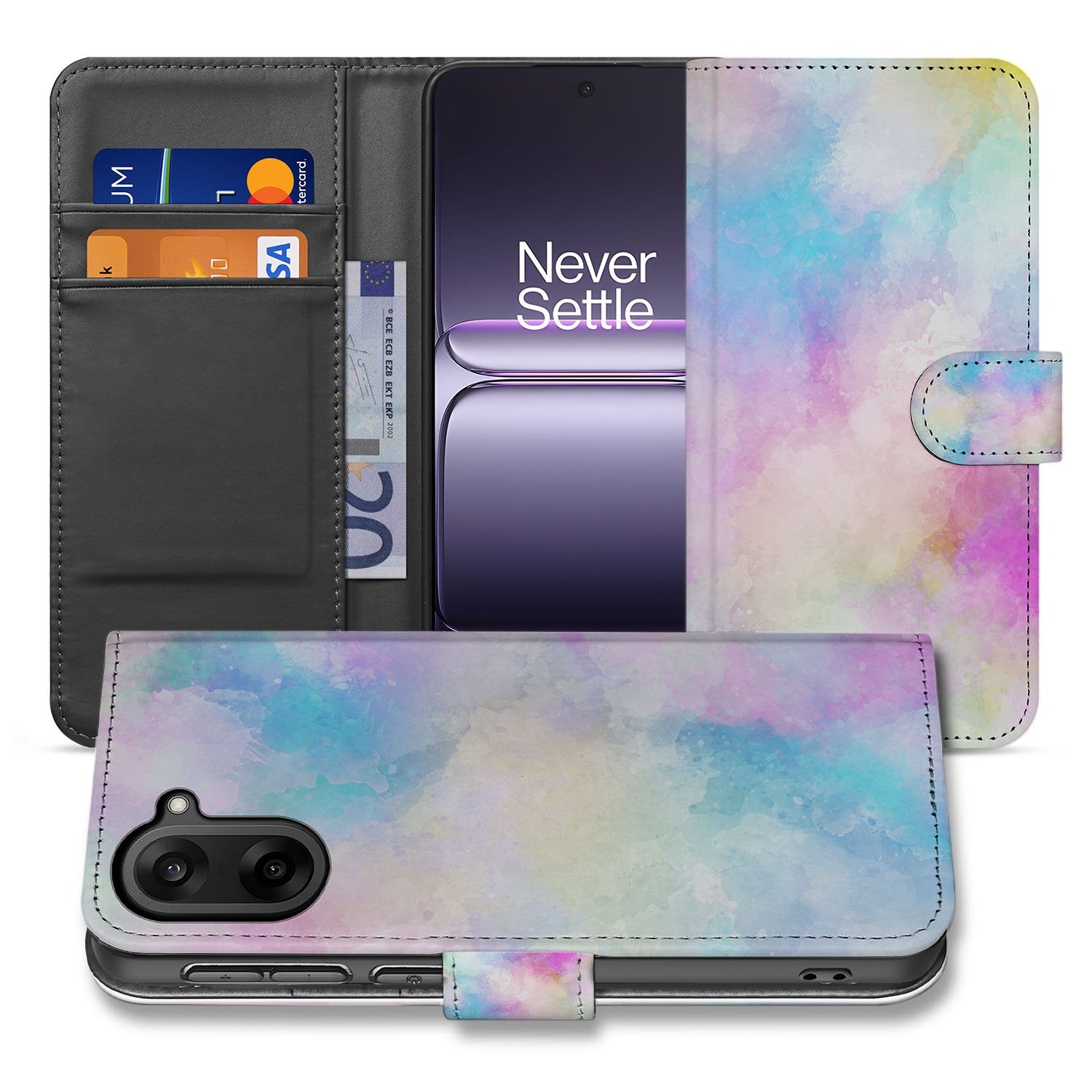 Watercolor Light OnePlus Nord CE 5 Bookcase Hoesje pastelwaterverf ontwerp zijaanzicht