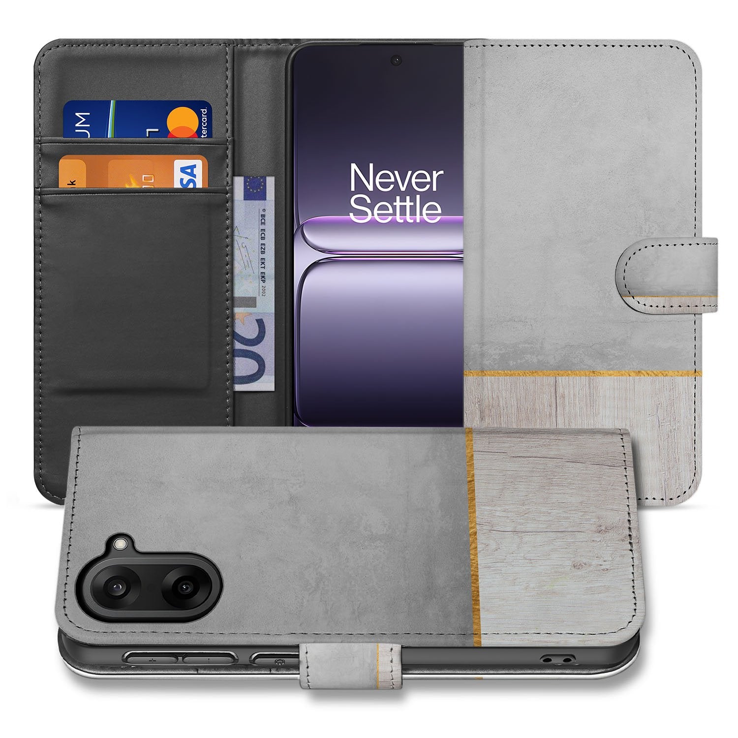 OnePlus Nord CE 5 Wood Concrete Pasjeshouder Hoesje Voor OnePlus Nord CE 5 Book Case voorkant achterkant