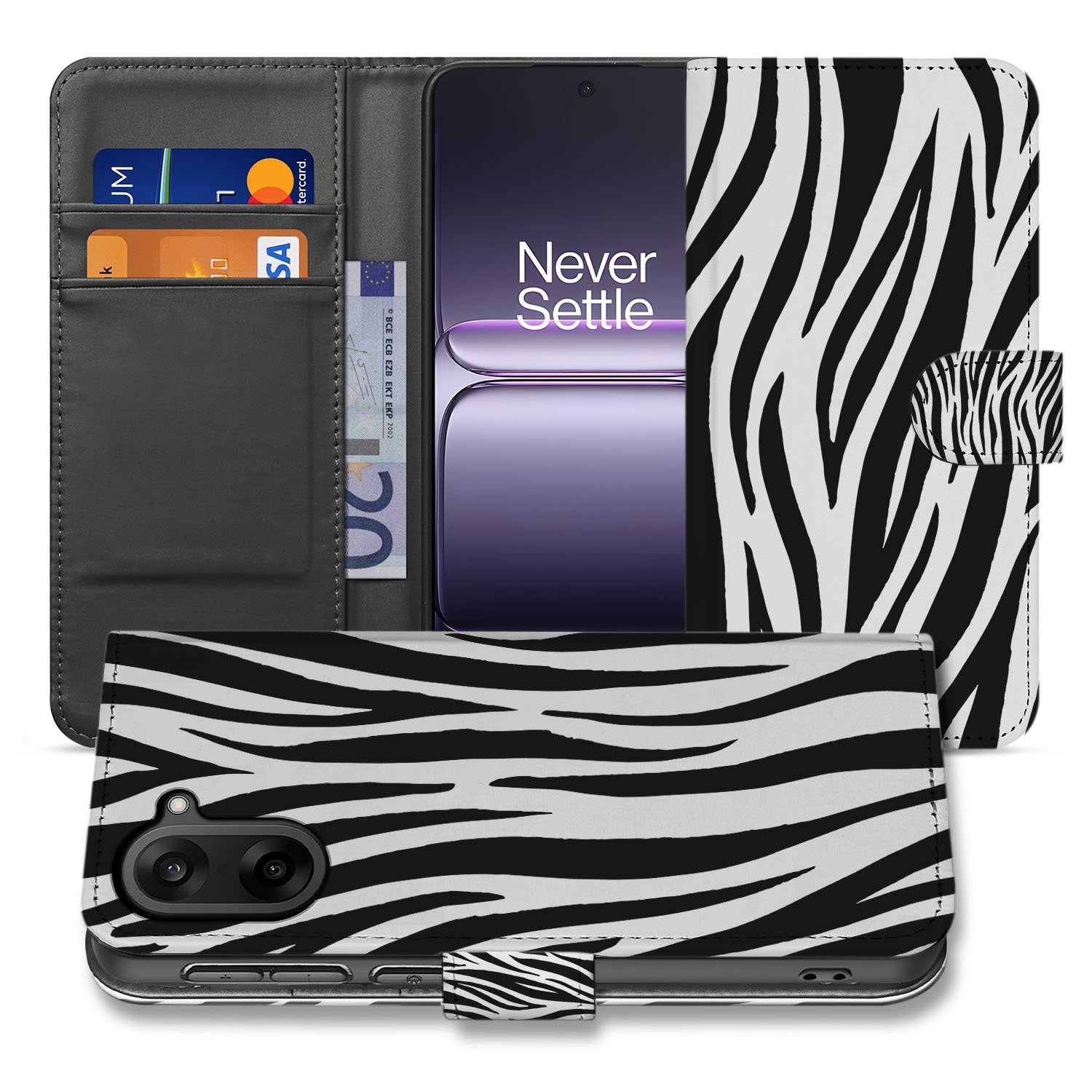 Zebra OnePlus Nord CE 5 Bookcase Hoesje zebra print zwart wit voorkant en achterkant