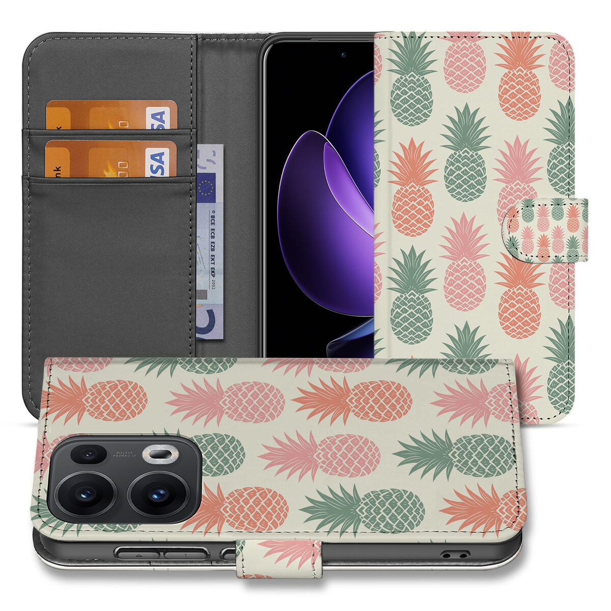 OPPO Reno 13 Pro Book Case ‘Ananas’ – Stijlvol Hoesje met Pasjeshouder