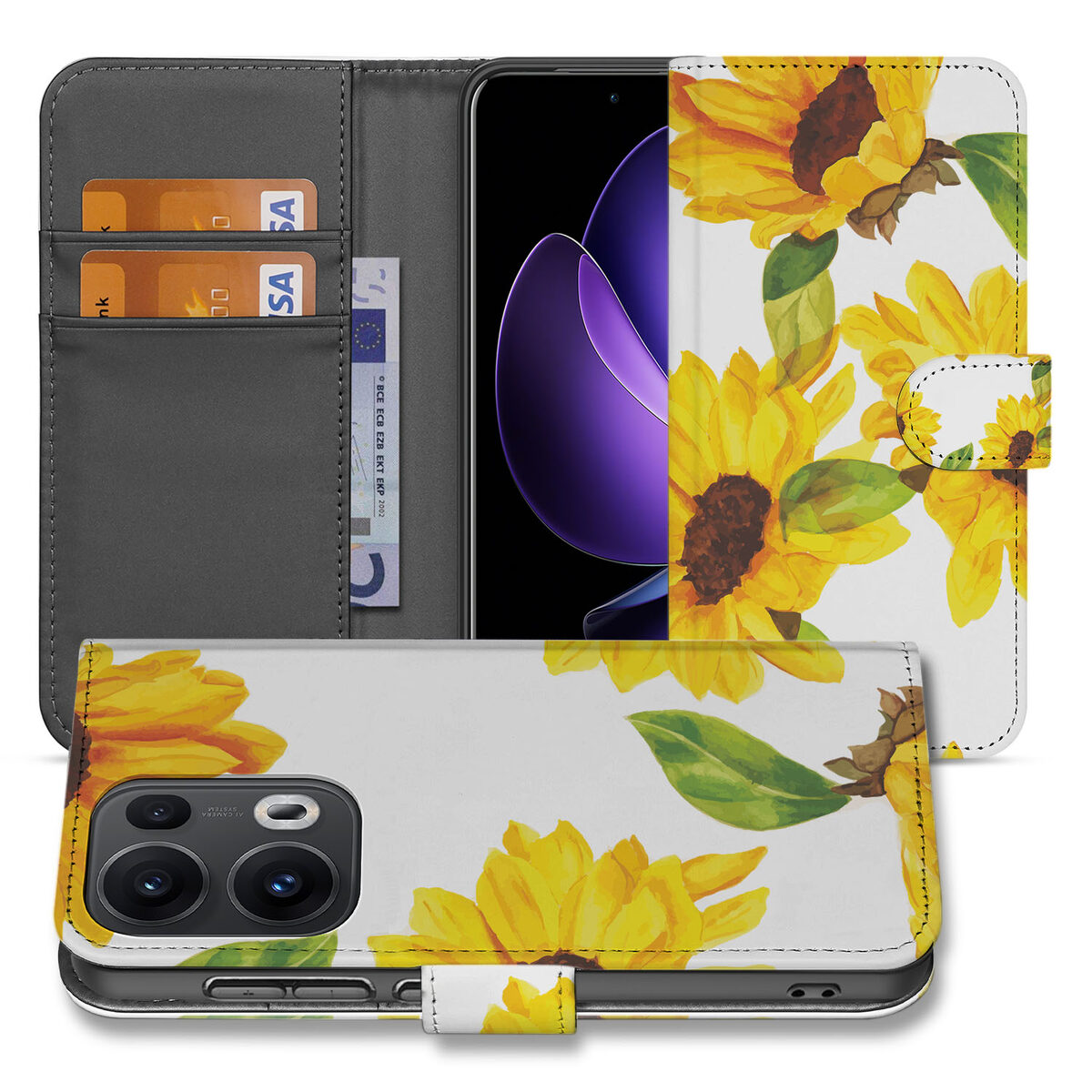 OPPO Reno 13 Pro Book Case ‘Zonnebloemen’ – Stijlvol Hoesje met Pasjeshoude
