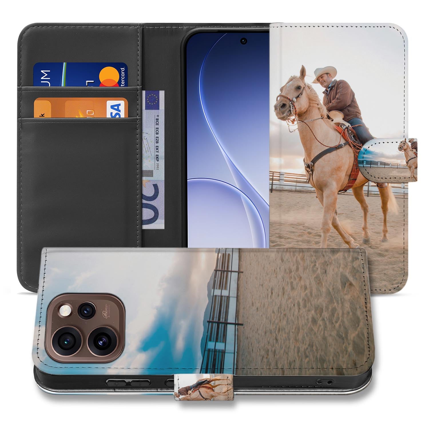 OPPO Reno15 Pro Bookcase Hoesje Maken met Eigen Foto met een afbeelding van een ruiter op een paard.