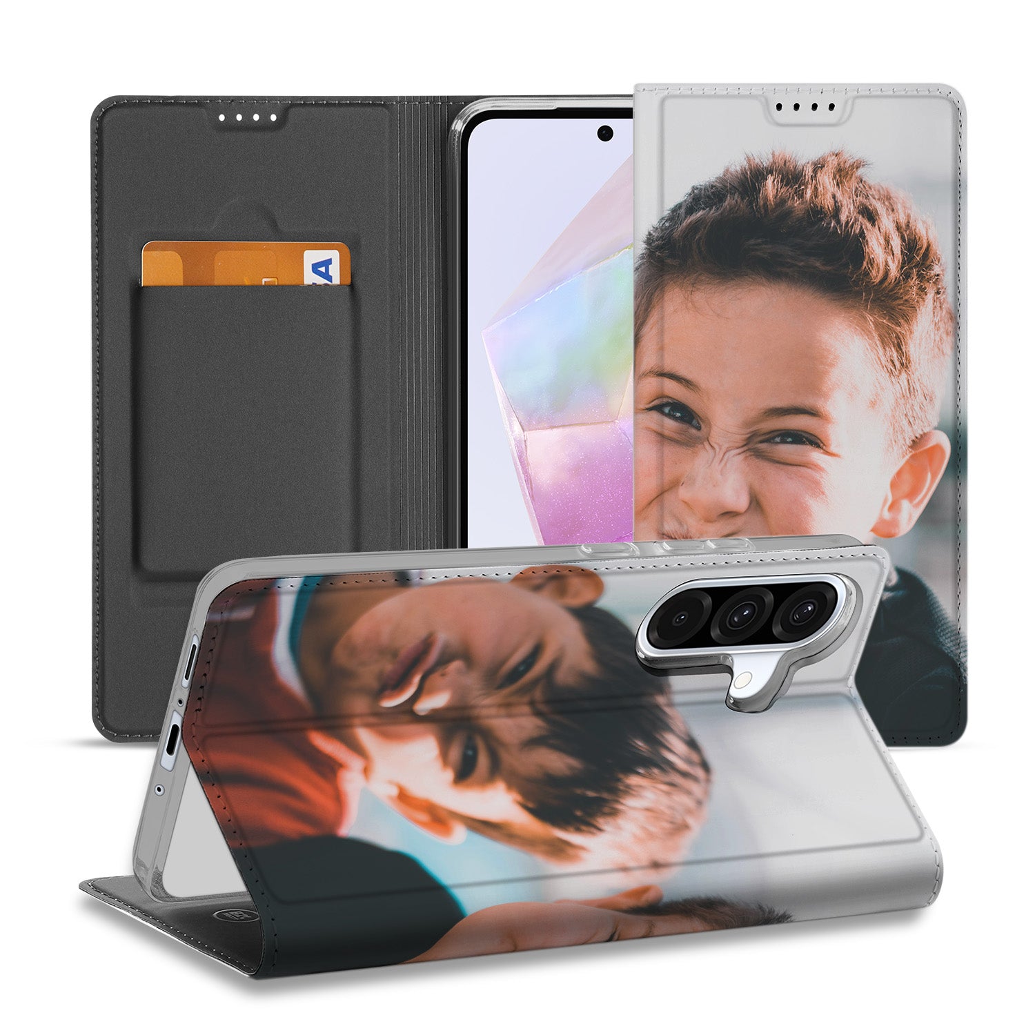 Gepersonaliseerd Stand Case Hoesje voor Samsung Galaxy A26 met afbeelding van kinderen en kaartvak.