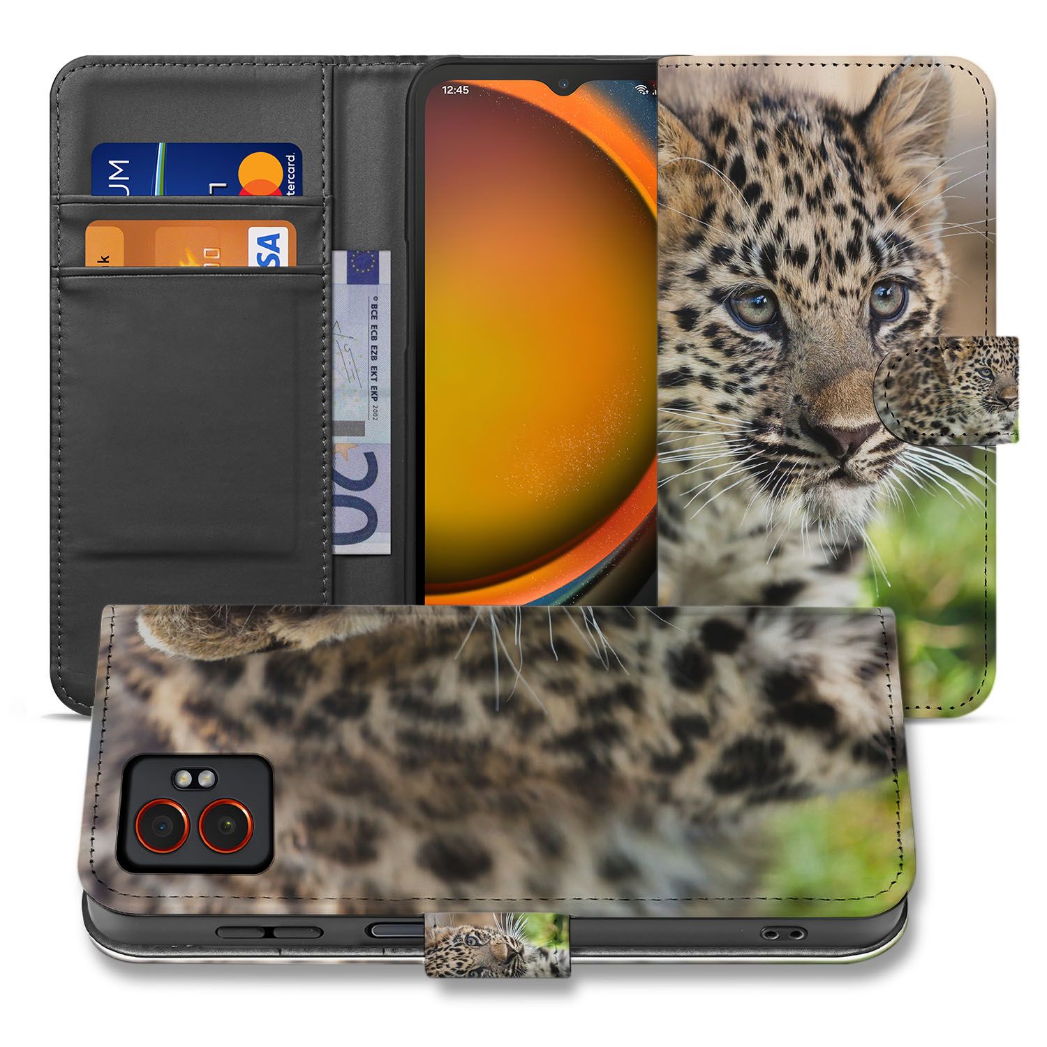 Samsung Galaxy Xcover 7 Pro Bookcase Hoesje Baby Luipaard design luipaardprint aanzicht