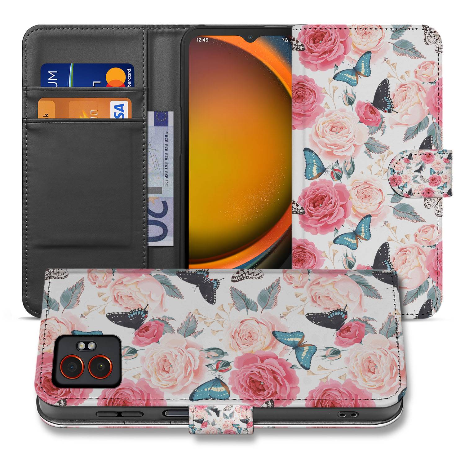 Portemonnee Hoesje Samsung Galaxy Xcover 7 Pro Roze Butterfly Roses voorkant zijde