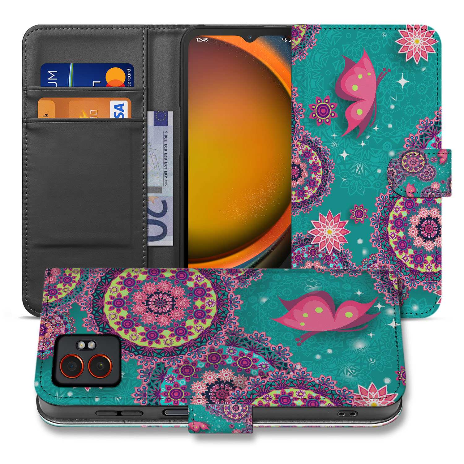 Cirkels en Vlinders Samsung Galaxy Xcover 7 Pro Book Case mandala cirkels vlinders turquoise groen roze aanzicht