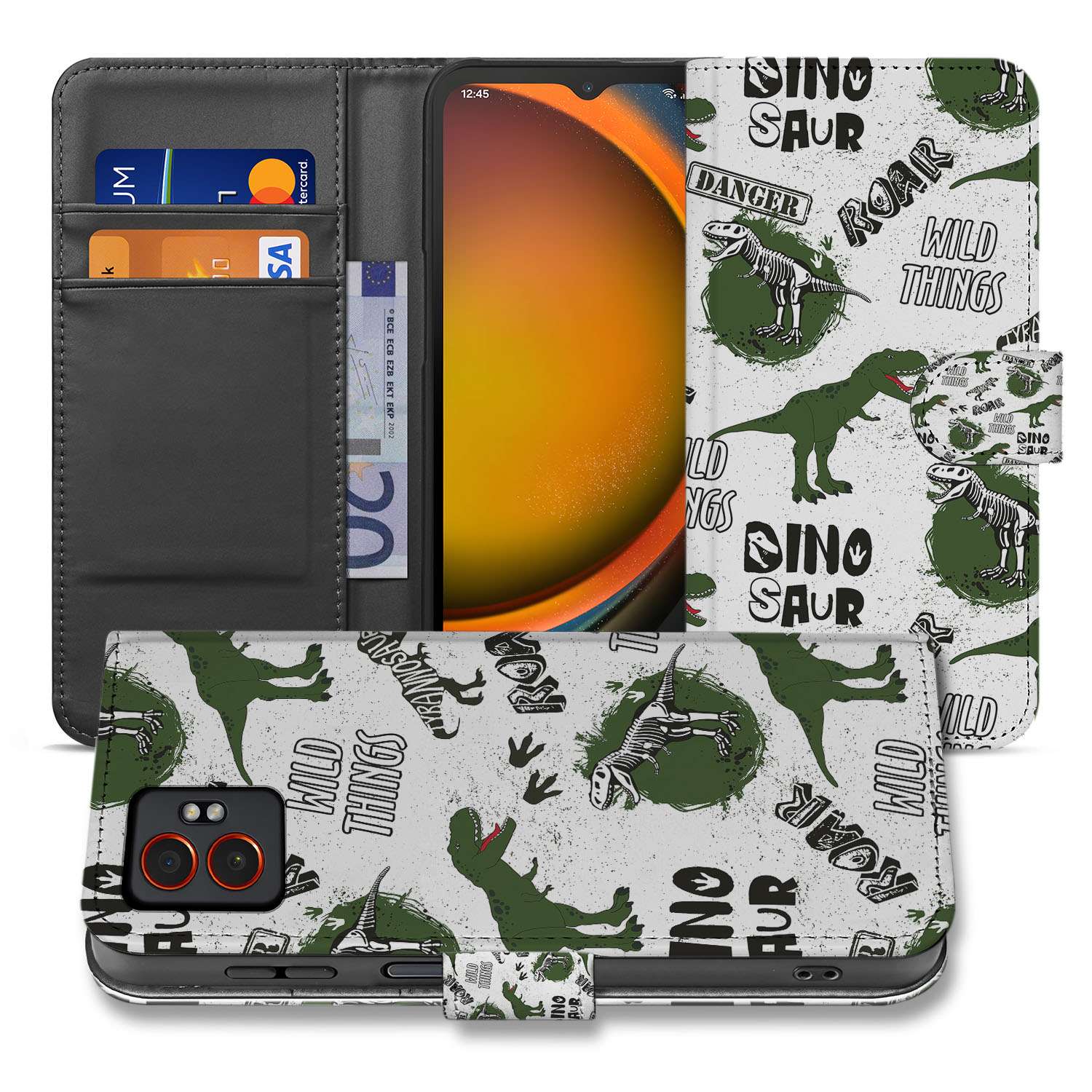Samsung Galaxy Xcover 7 Pro Portemonnee Hoesje Dino Print voorkant binnenkant