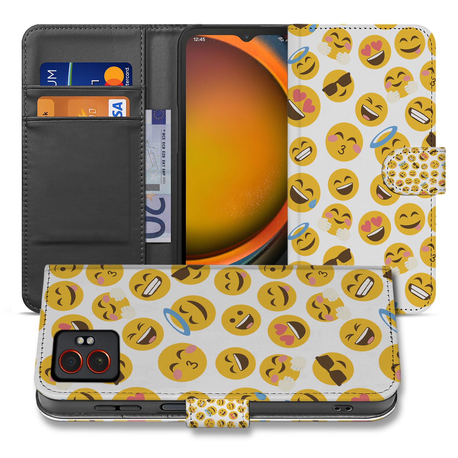 Samsung Galaxy Xcover 7 Pro Bookcase Hoesje Emoji Fiesta voorkant en binnenkant