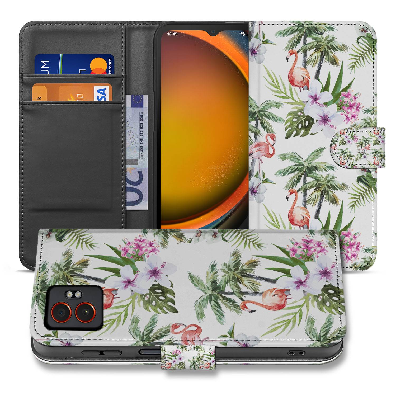 Flamingo Palms Samsung Galaxy Xcover 7 Pro Book Case design flamingo palmbomen aanzicht