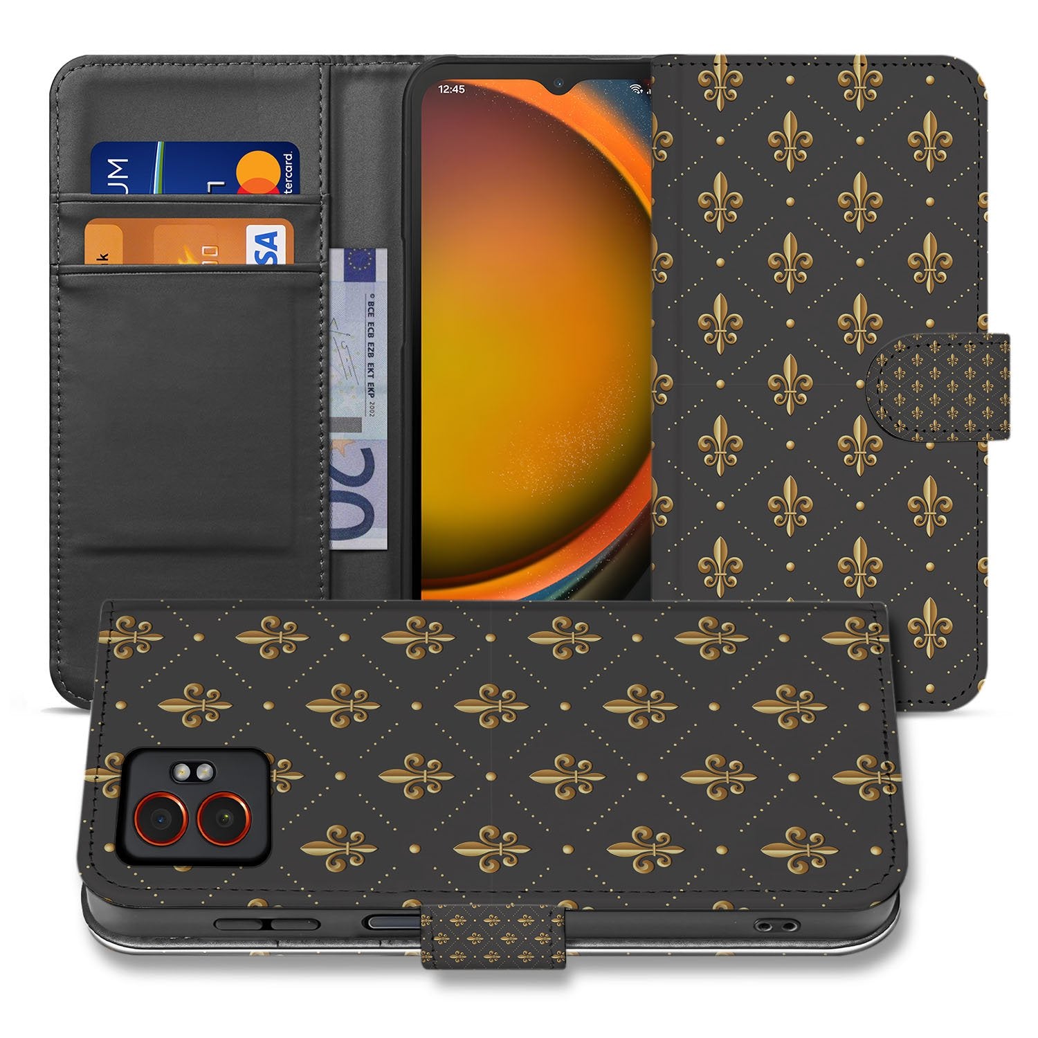 Book Case Samsung Galaxy Xcover 7 Pro Franse Lelie Bruin Goud voorkant binnenzijde