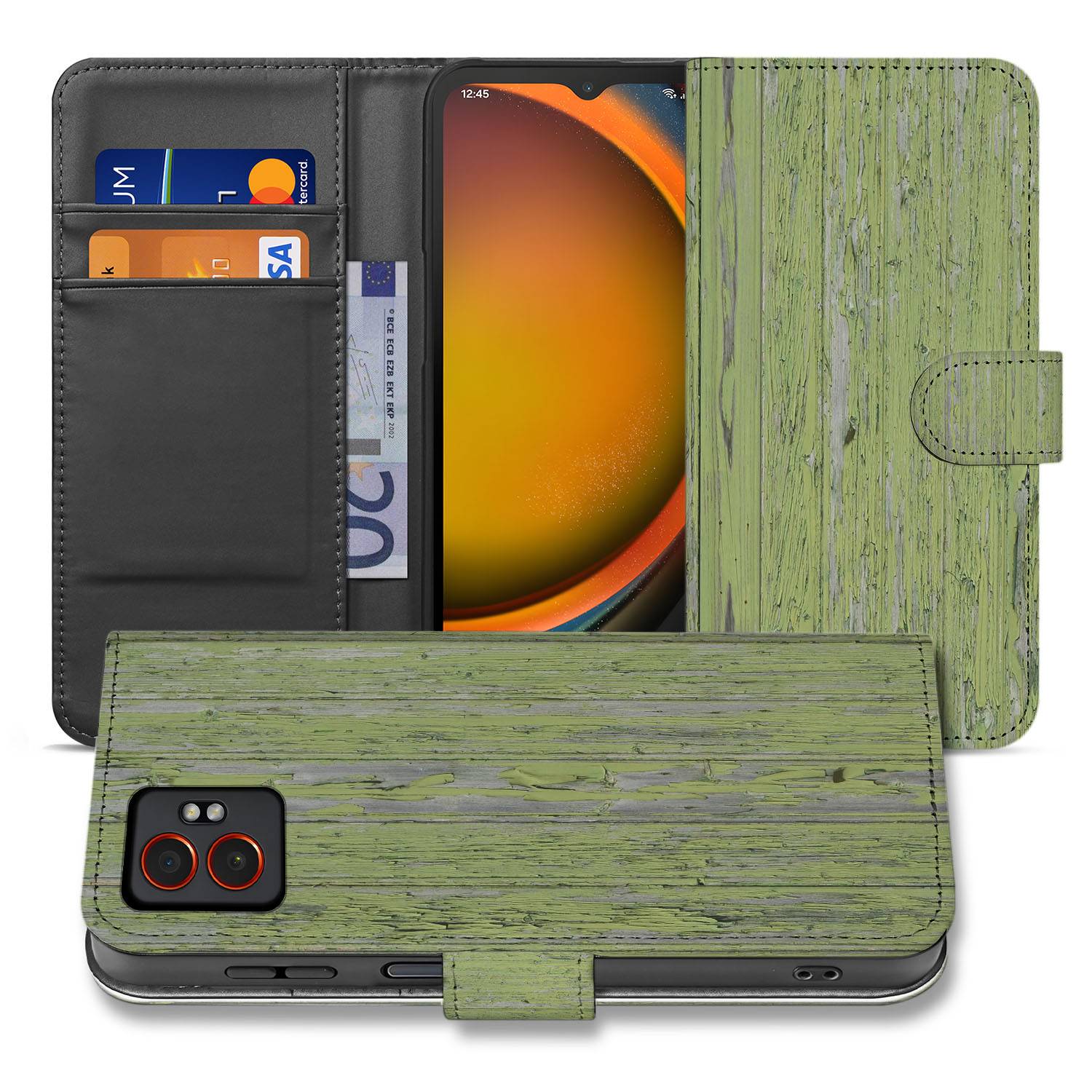 Groen Houtnerf Samsung Galaxy Xcover 7 Pro Bookcase Hoesje voorzijde achterkant