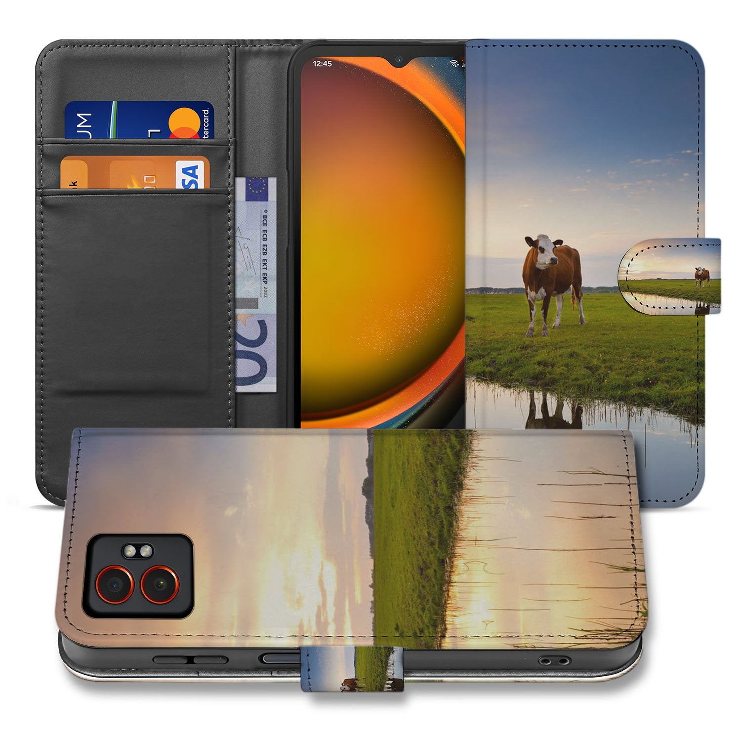 Samsung Galaxy Xcover 7 Pro Stoer en Speels Bookcase Hoesje met Koeienprint in Zwart Wit voorkant zijaanzicht