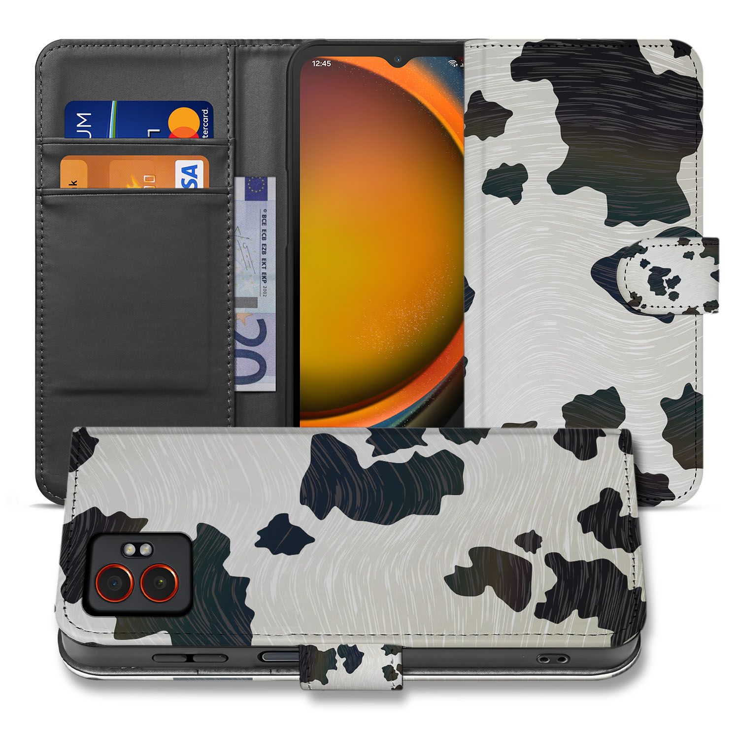Samsung Galaxy Xcover 7 Pro Speelse Koeienvlekken Design Book Case Portemonnee Hoesje vooraanzicht
