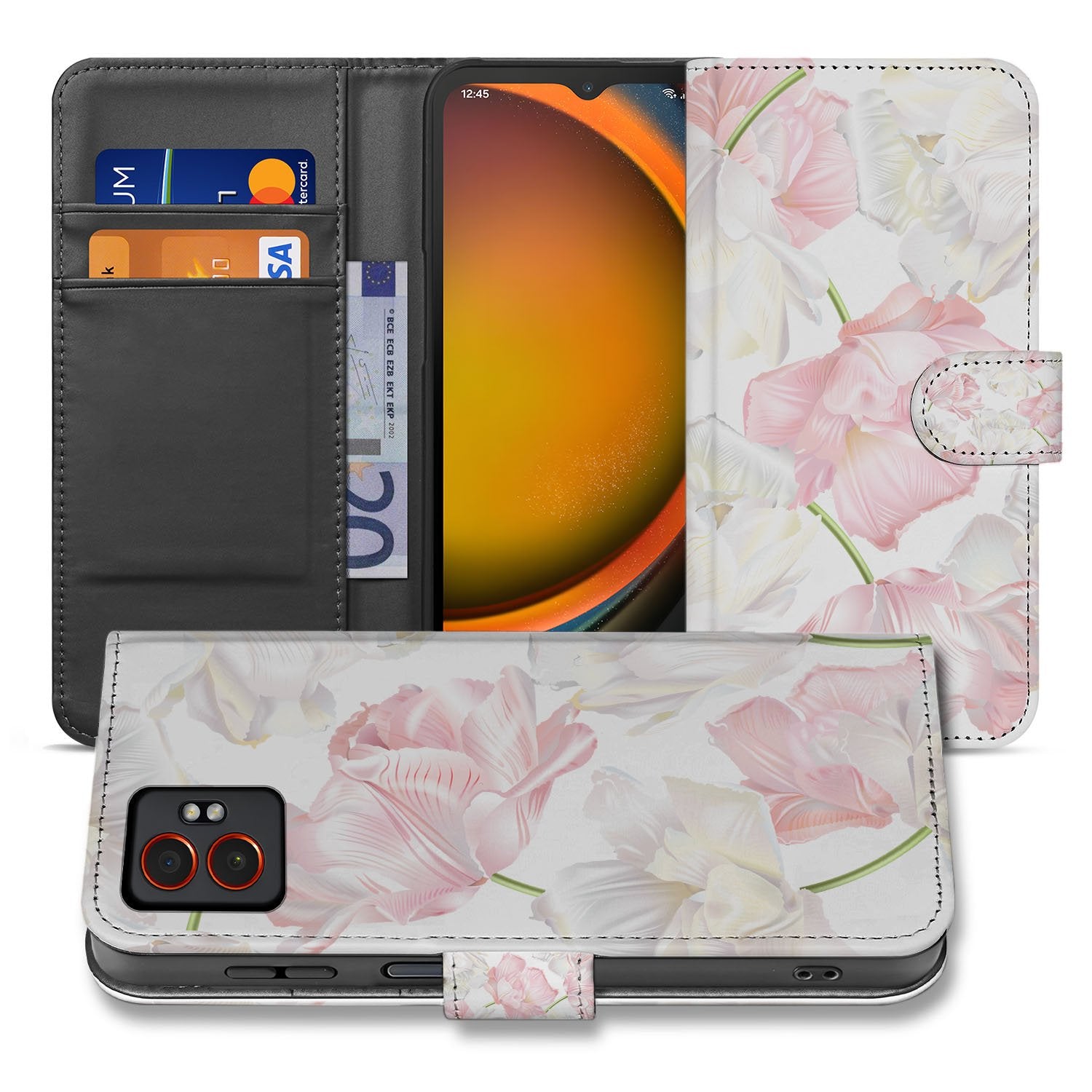 Samsung Galaxy Xcover 7 Pro Lovely Flowers Roze Wit Bookcase Hoesje voorkant achterkant design